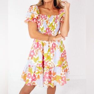 J. Marie Ava Mae Floral Square Neck Ruched Tiered Dress 70’s Boho Sz M